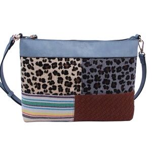 Blue Patchwork Crossbody Bag with Leopard and Stripe Accents